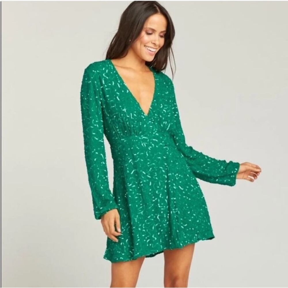 Show Me Your MuMu Phyllis Emerald Beaded Sequins Wrap Mini Dress - Picture 6 of 12